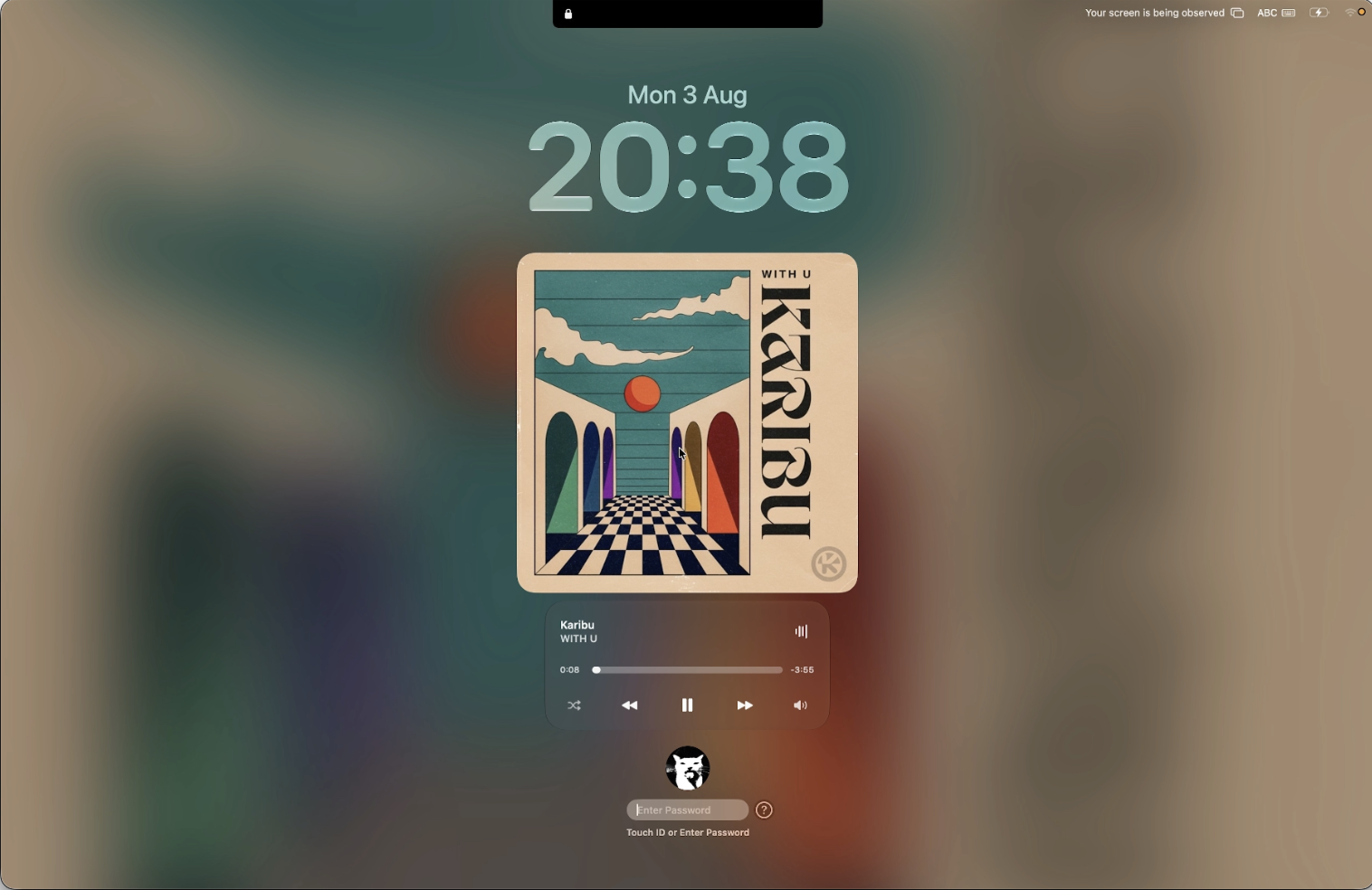 Notchly music experience on the Mac lock screen Notchly lock screen with large album artwork, track information, and music controls